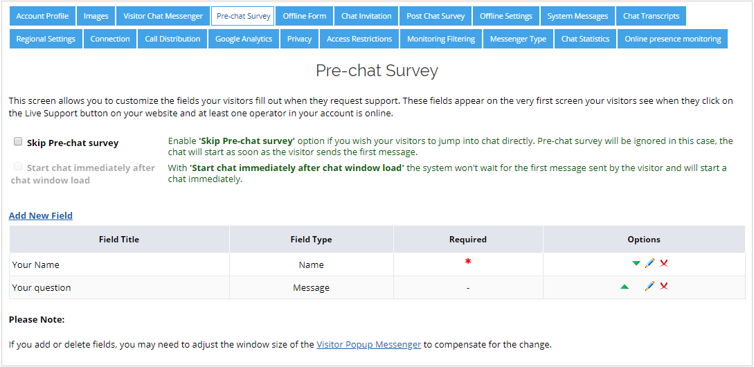 Pre-chat survey page