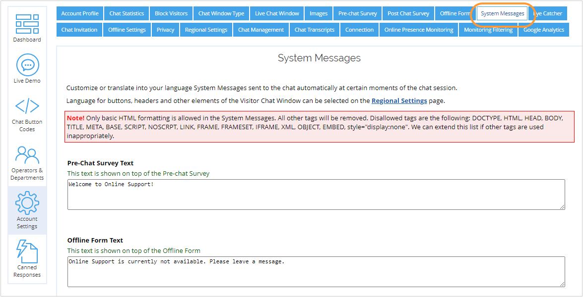 Live Chat System Messages page
