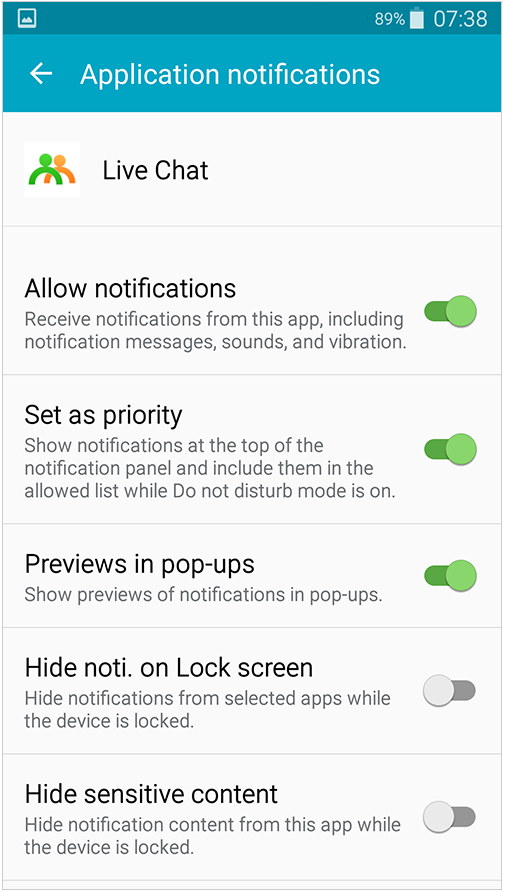 How to allow notifications for Live Chat Android app