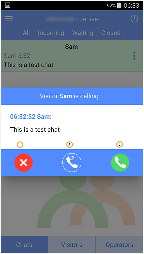An incoming chat in the Android app for live chat
