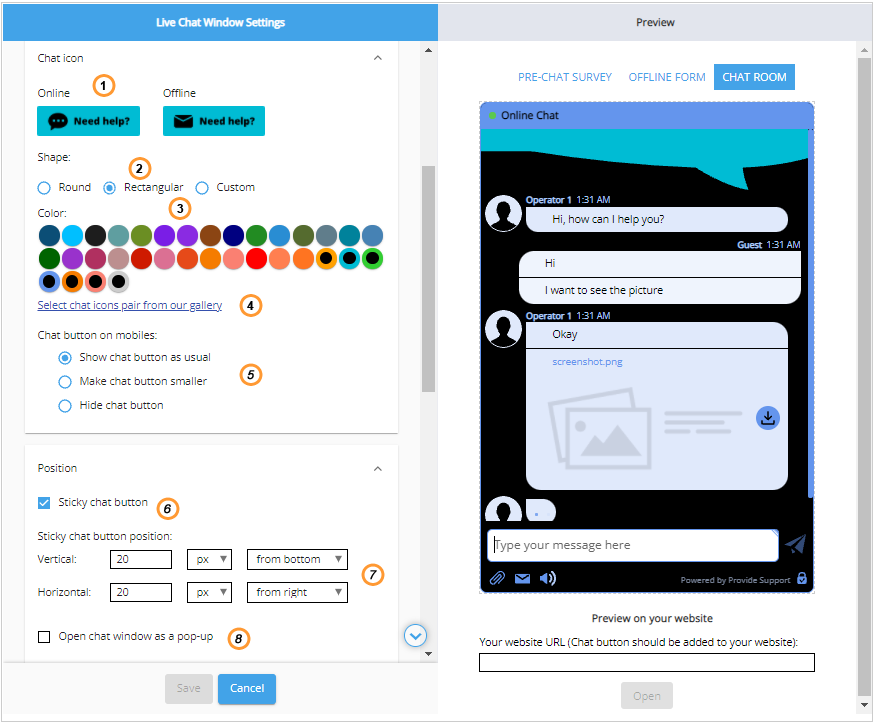 Choosing chat button settings