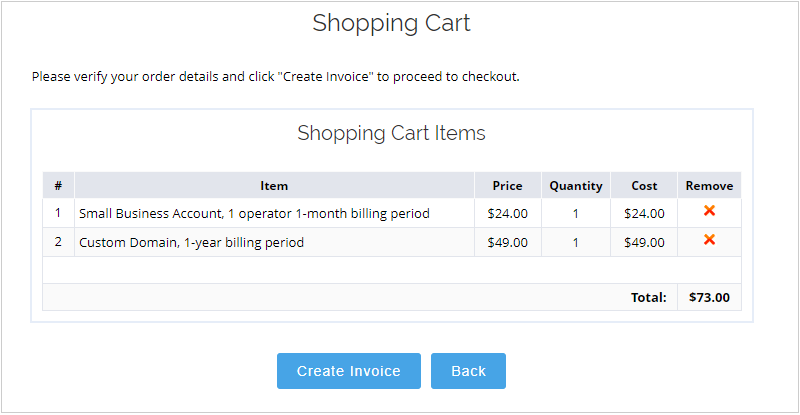 Creating invoices for a subscription package and a custom domain