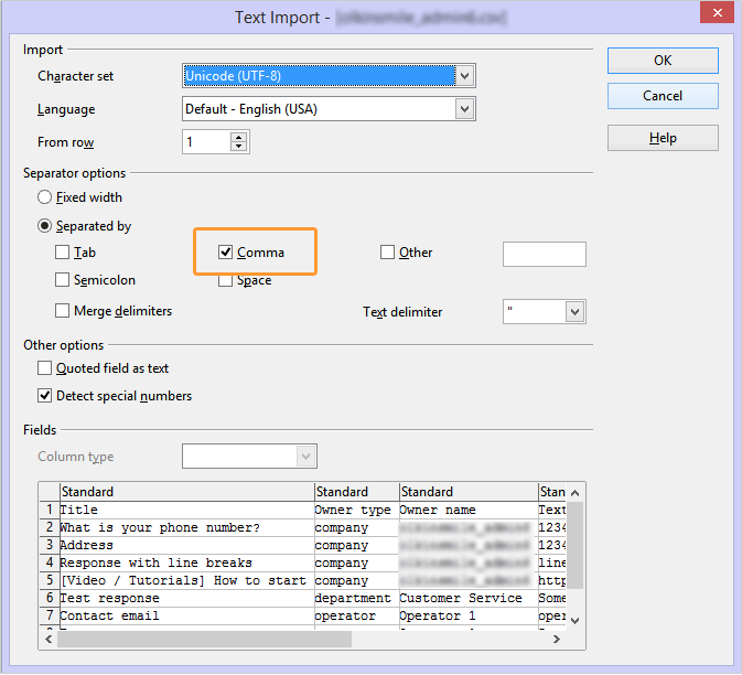 CSV editor settings