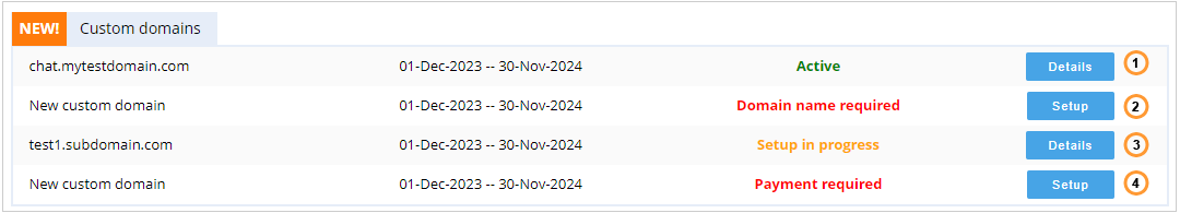 Configuration statuses for the custom domain service