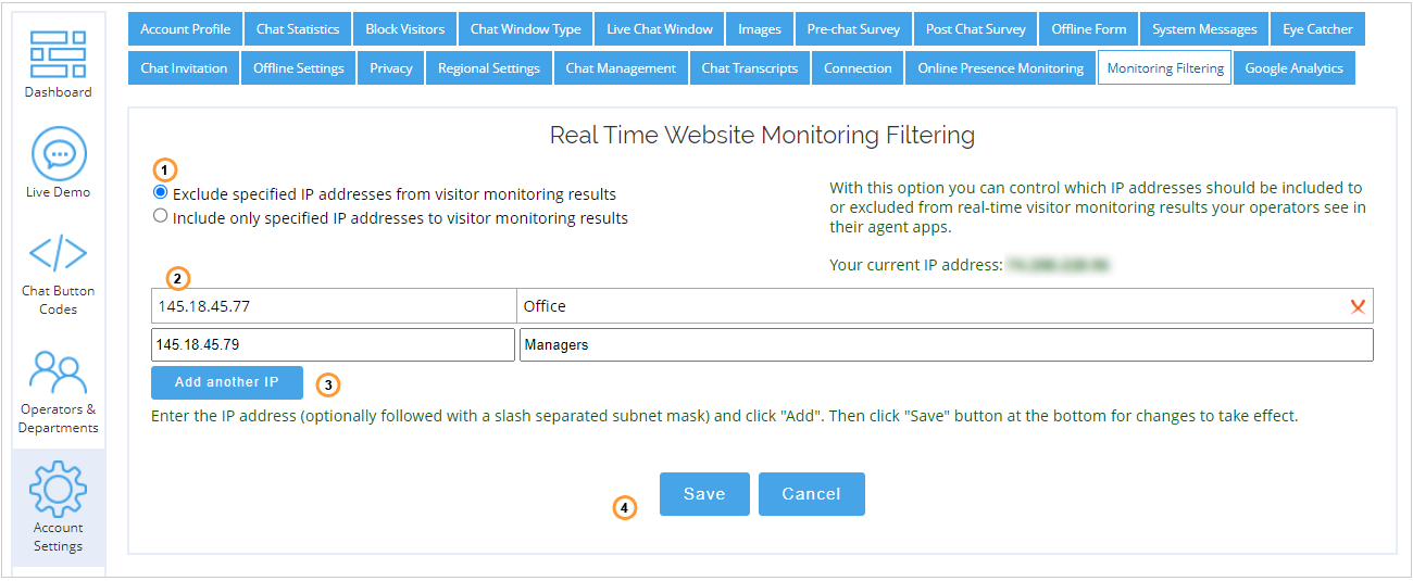 Real time monitoring filtering settings