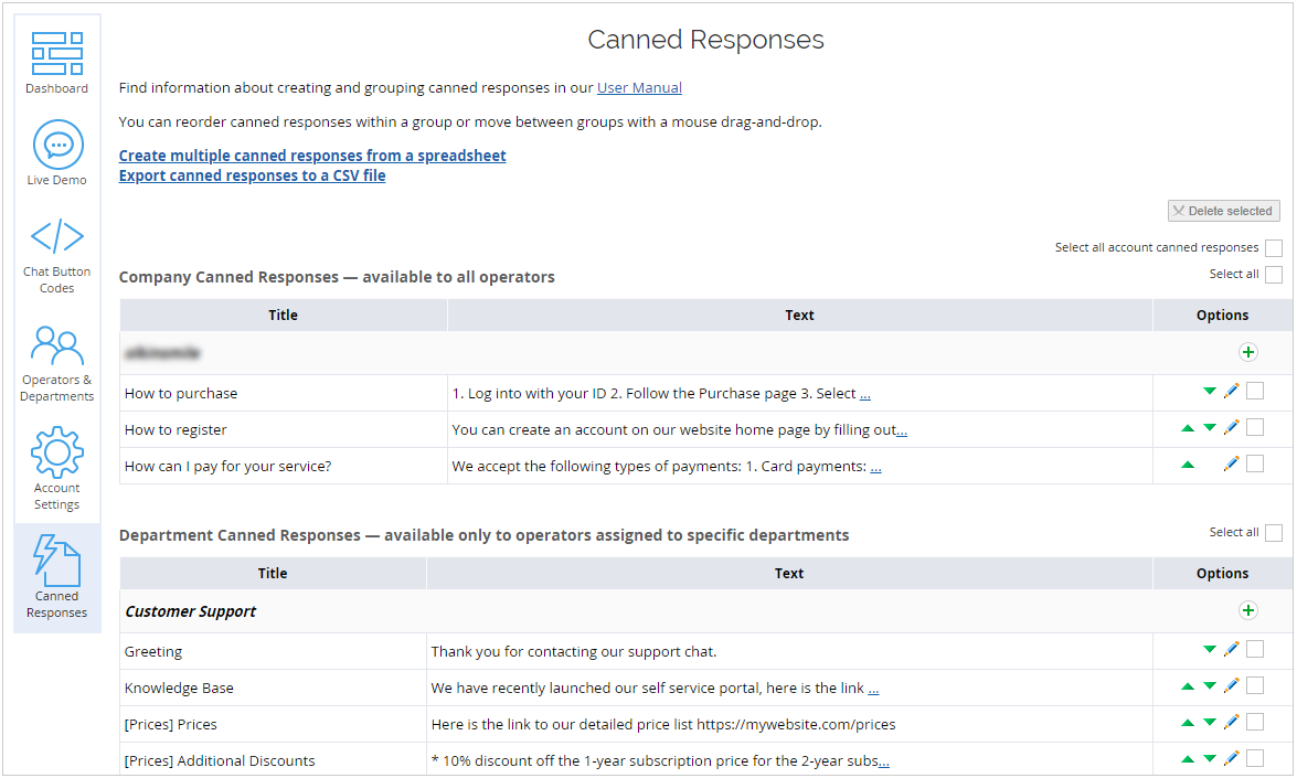 Canned Responses page