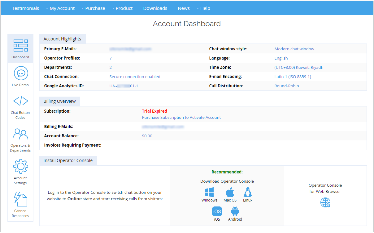 Provide Support's account dashboard