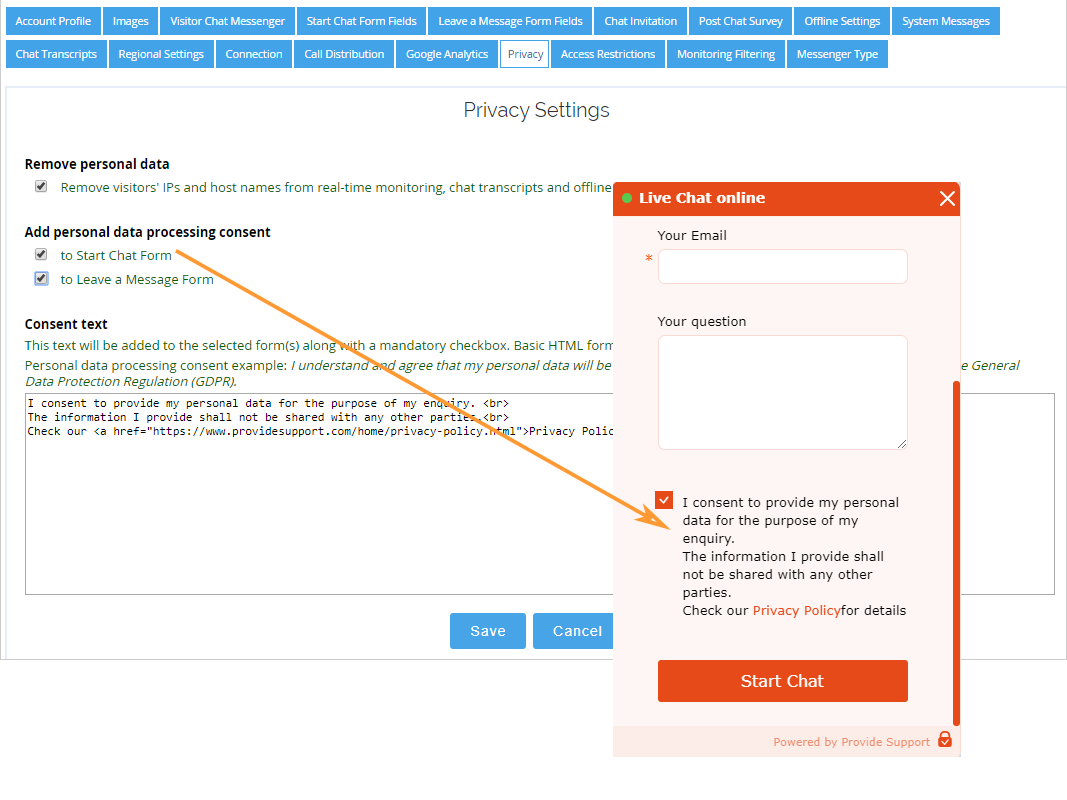 Adding a privacy statement to the Pre-chat Survey