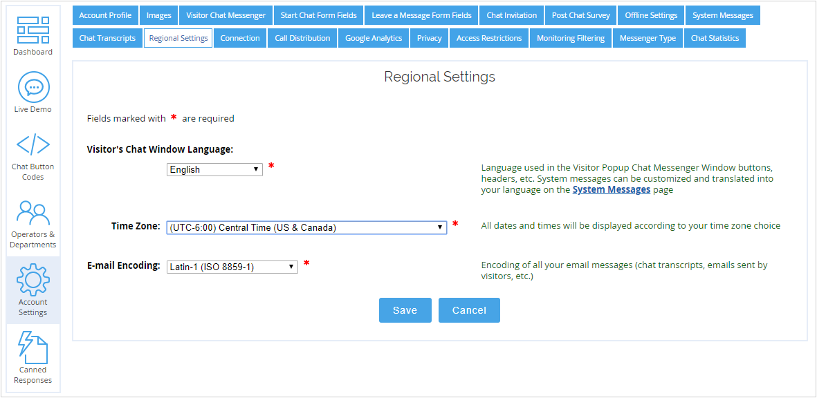 Regional Settings page