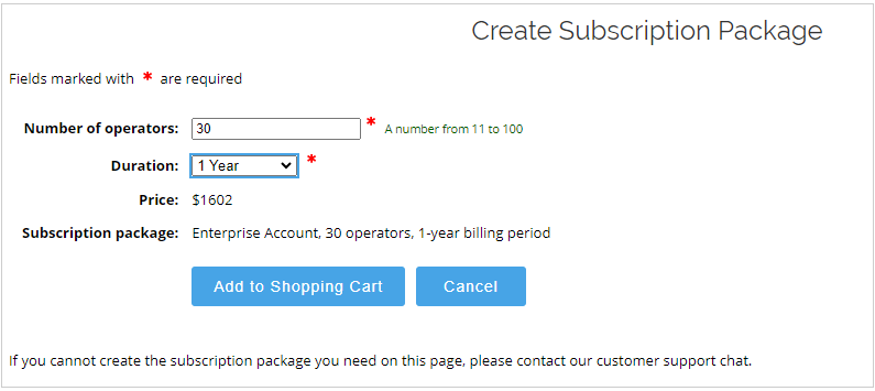 Selecting custom subscription package and billing period