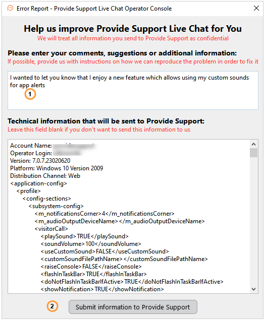How to send error report to Provide Support