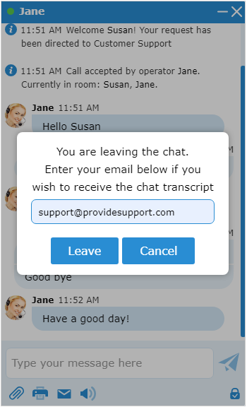 Request chat transcript while leaving chat room