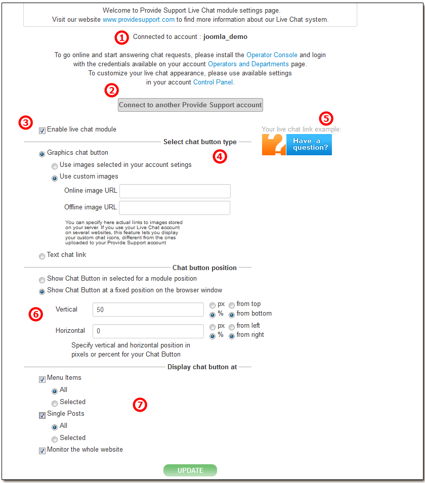 Provide Support Joomla module settings view