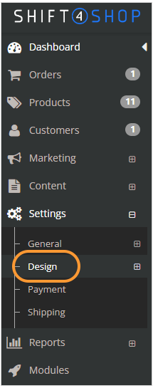 Shift4Shop design menu