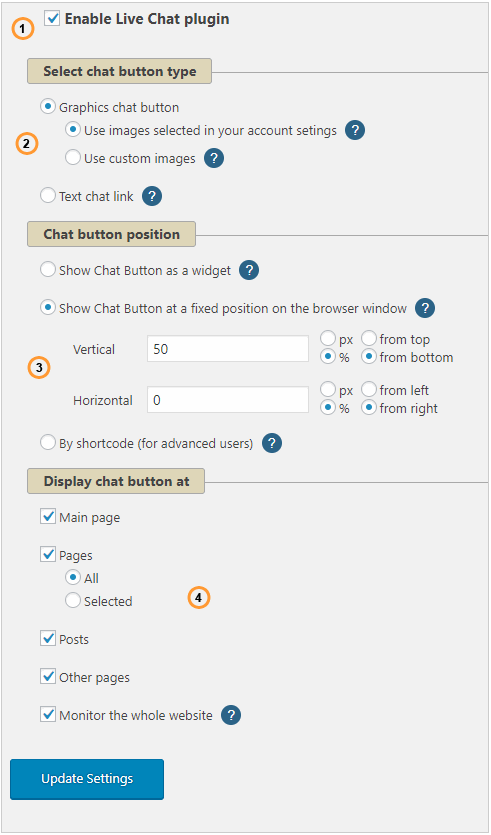 WP plugin settings for classic chat window type