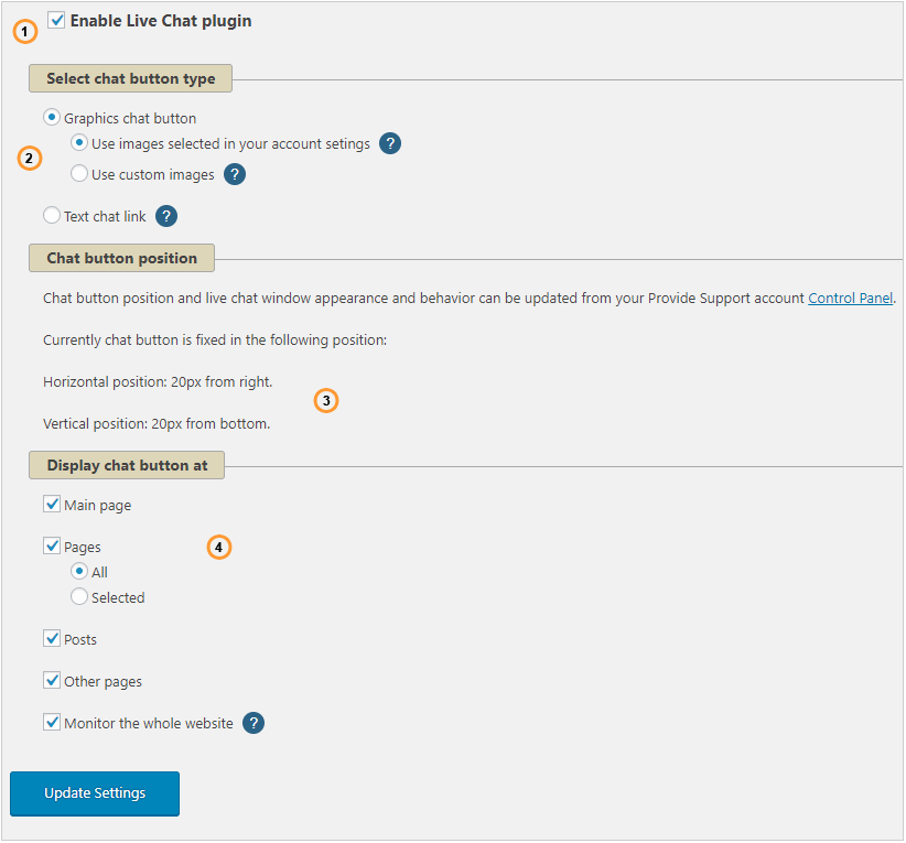 WP plugin settings for embedded chat window type