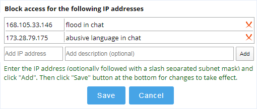 Chat access limitation by IP address in account Control Panel