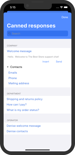 Canned responses list in iOS live chat application