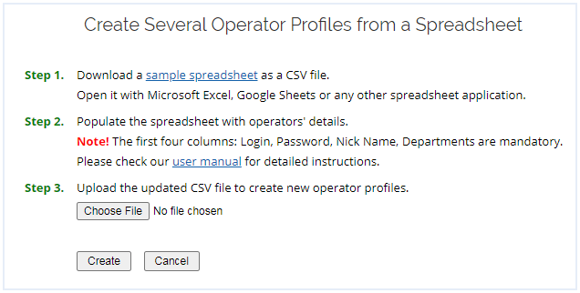 Populate CSV file with agents' data and create multiple agents with a couple of clicks Bulk chat agents adding form