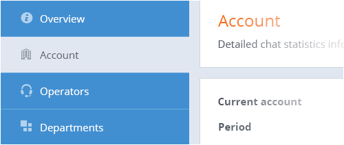 Switch tabs to see statistics data for the whole account, particular operators and departments Levels of chat reporting