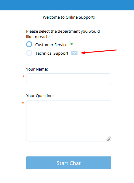 Leaving an offline email for the specific department is possible Screenshot of a live chat window with an offline department on it