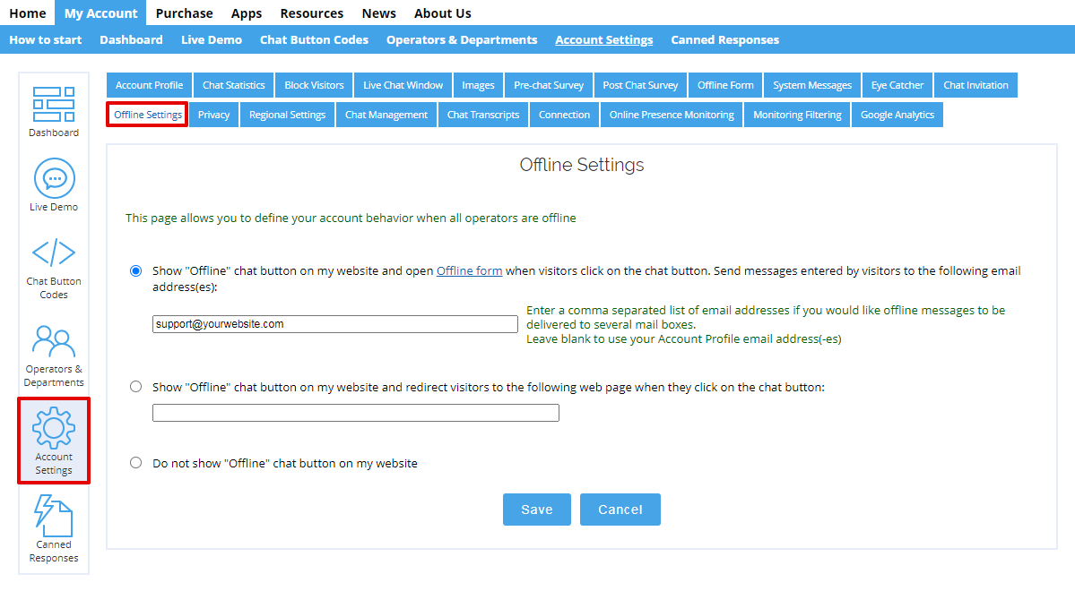 Choose what should happen when your live chat is offline Screenshot of live chat admin panel with offline chat options