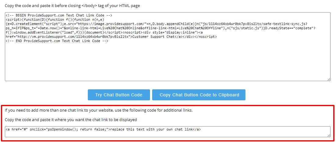 Screenshot of text chat link code page
