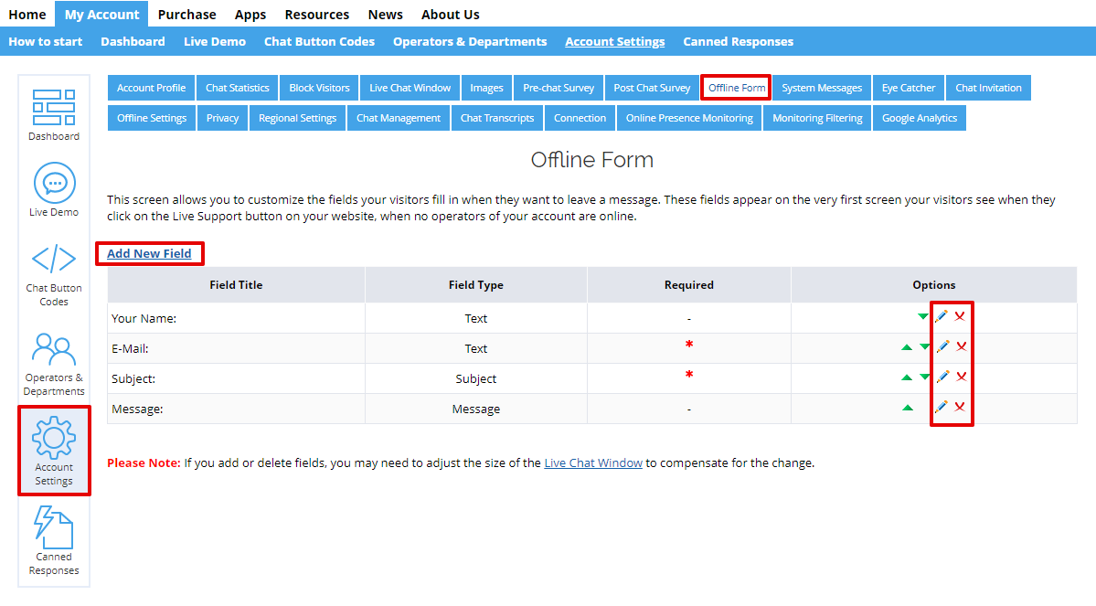 Screenshot of the default Offline form fields settings