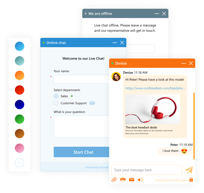 Choose from predefined colors or set a custom one Chat window in different colors