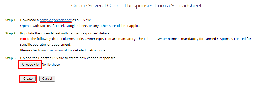 Screenshot of 'Create Several Canned Responses from a Spreadsheet' form
