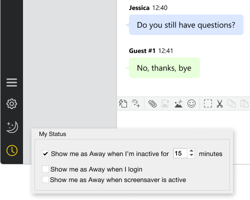 Enable idle detection option to never miss a chat on unattended computer The app can switch agent status to away on certain events