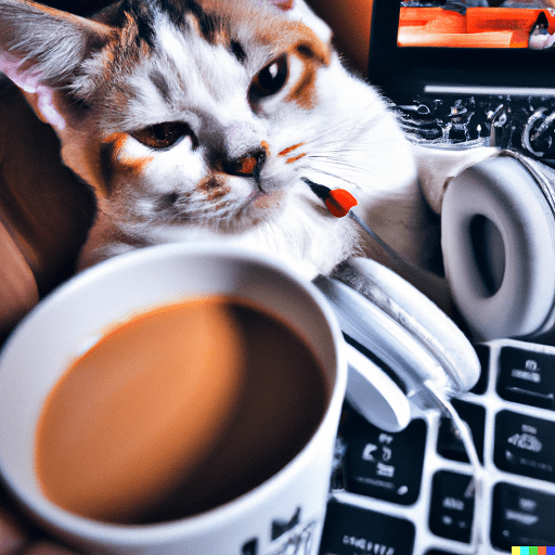 Image with a cat, earphones, coffee and leptop generated by OpenAIs DALL-E