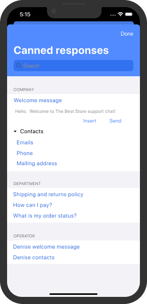 Operator can filter canned responses or use search feature to find the needed one Canned responses list in iOS live chat application