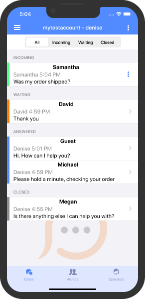 List of chats the operator is handling currently List of the operator's current chats