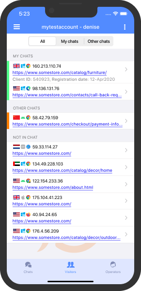Visitors with active chats are highlighted in the list List of current website visitors and their details
